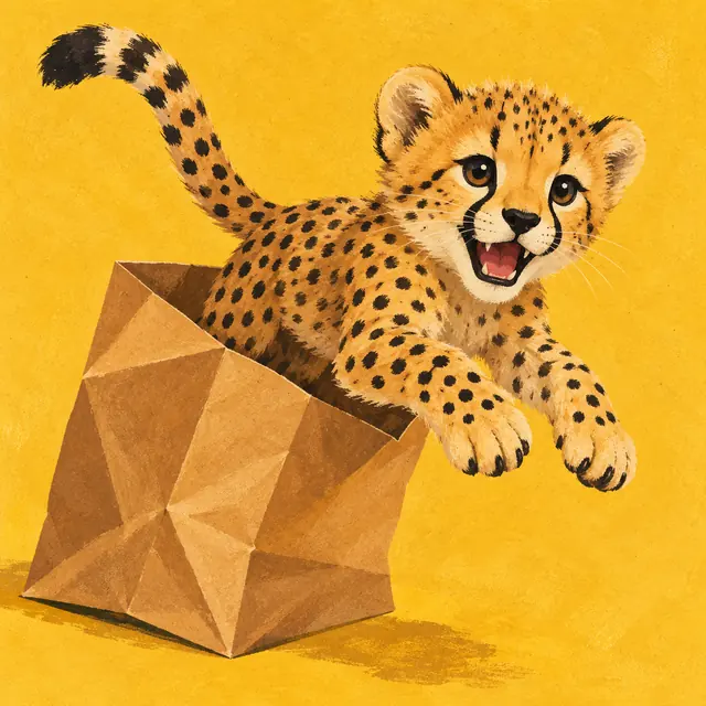 A cheetah cub leaping out of a paper to-go bag.