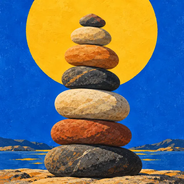 Sample brand art: river stones balanced in front of a yellow sun.