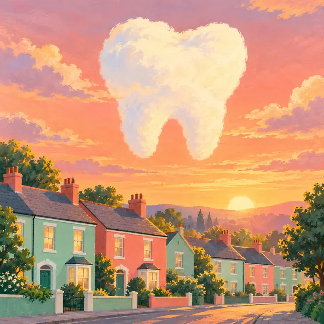 Sample brand art: a tooth-shaped cloud over a street of mint and coral houses.