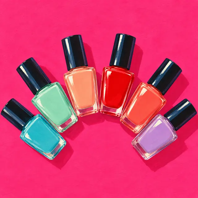 Sample brand art: a fan of glossy nail polish bottles on hot pink.