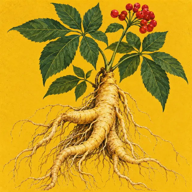 Sample brand art: a ginseng root with leaves and red berries on mustard yellow.