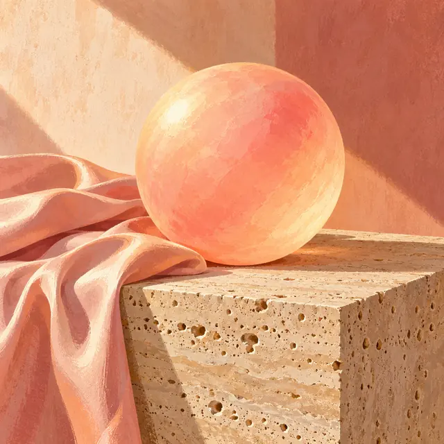 Sample brand art: a glowing peach sphere on a stone plinth beside pink silk.