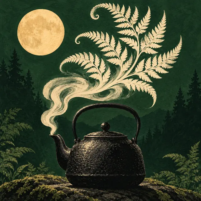 Sample brand art: steam from a black kettle curling into a fern.